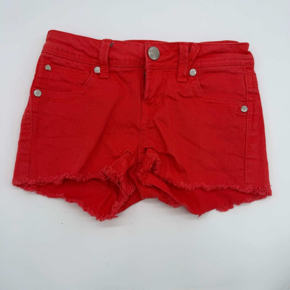 Wallflower Red Denim Cutoff Mini Shortie Shorts Size 0 Frayed Hem‎ Low Rise